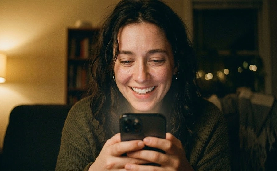 A woman smiling at her phone in warm lamplight