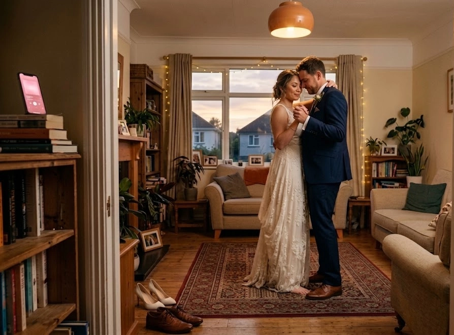 A bride and groom dancing in a living room lit with fairy lights