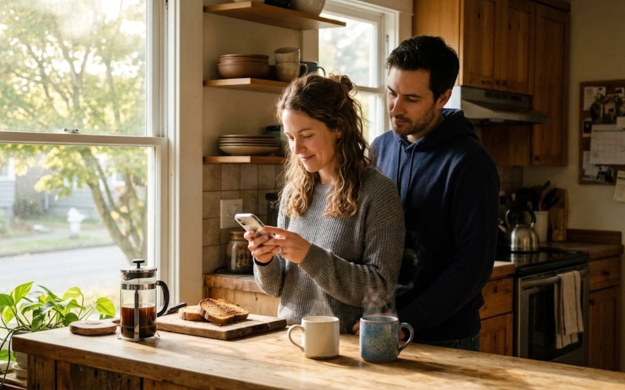 A couple sharing a quiet morning in the kitchen, looking at a phone together