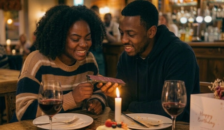 Two friends laughing over a phone at a candlelit birthday dinner